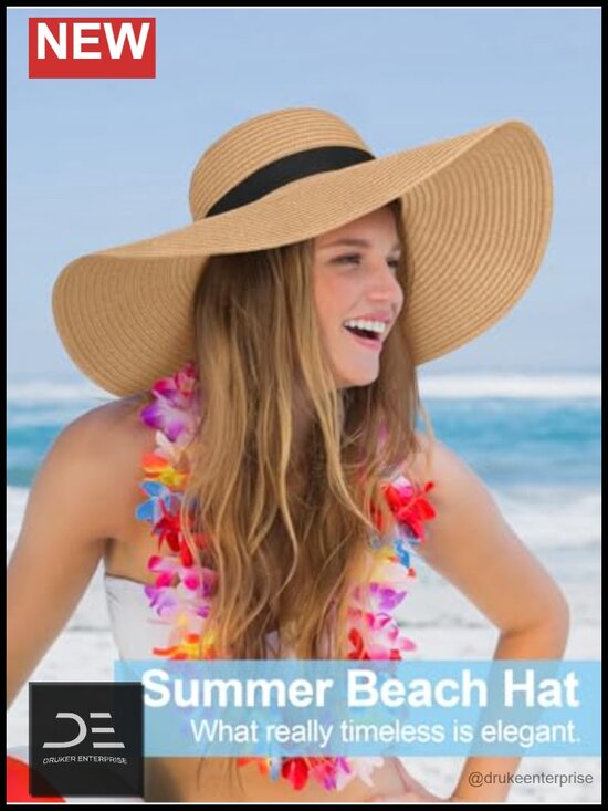 Oversize Wide Brim Straw Beach Hat Floppy Foldable Roll-Up UPF 50+ Sun Hat